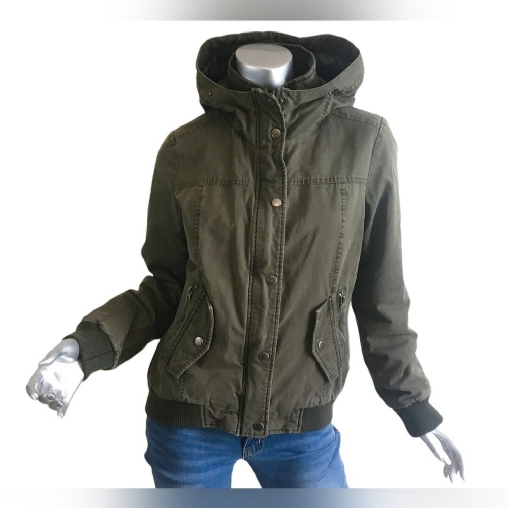 NWOT | G.H. Bass & Co | Bomber Jacket Coat | Fur Trim Hood | L | Olive Green - Picture 3 of 16